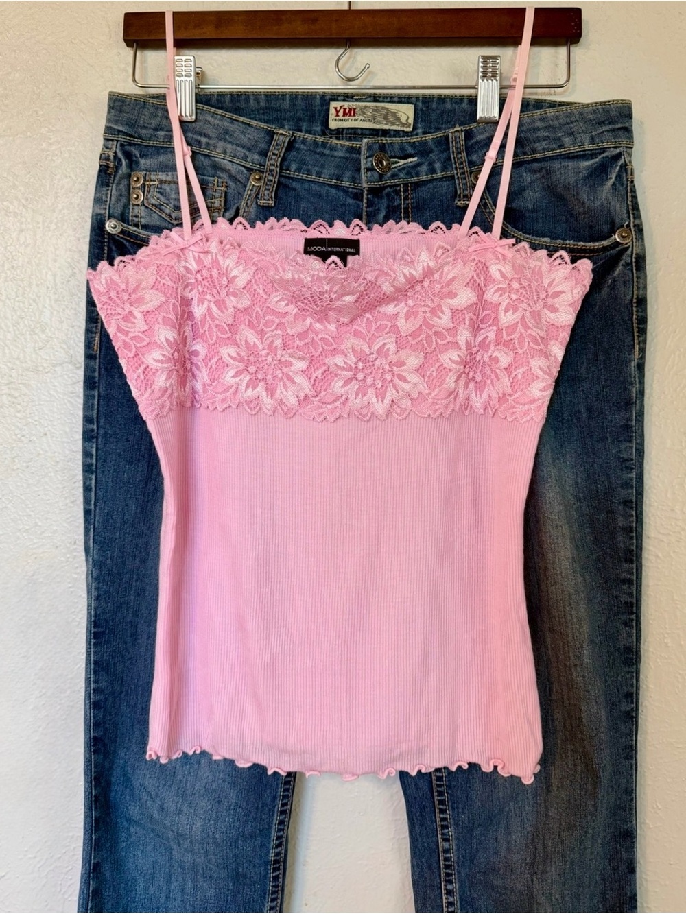 Y2K Vintage Moda International Pink with Lace Overlay Ribbed Cami Tank Top M